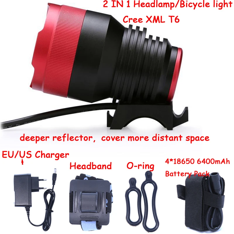 

New Deeper Reflector 1800 Lumen XM-L T6 Bike Bicycle Light LED Lamp Light Further Distance 8.4V Battery Pack & Charger