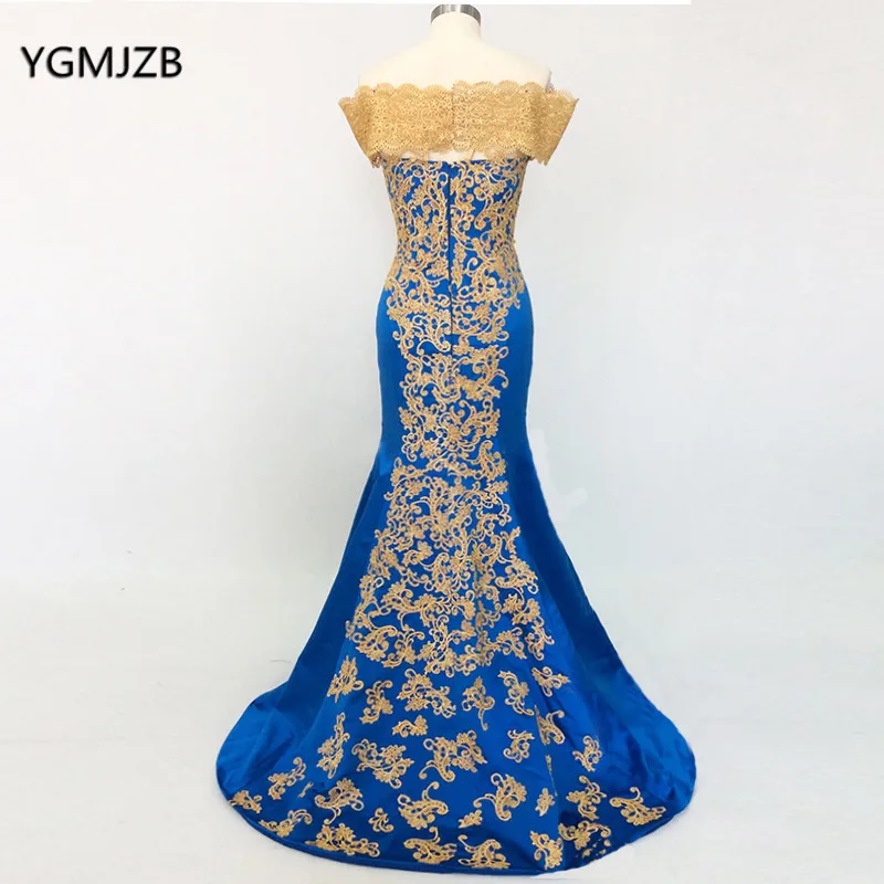 Elegant Evening Dresses Long 2019 Mermaid Off Shoulder Gold Embroidery Floor Length African Women Blue Formal Prom Evening Gown Elegant Evening Dresses Long 2019 Mermaid Off Shoulder Gold Embroidery Floor Length African Women Blue Formal Prom Evening Gown
