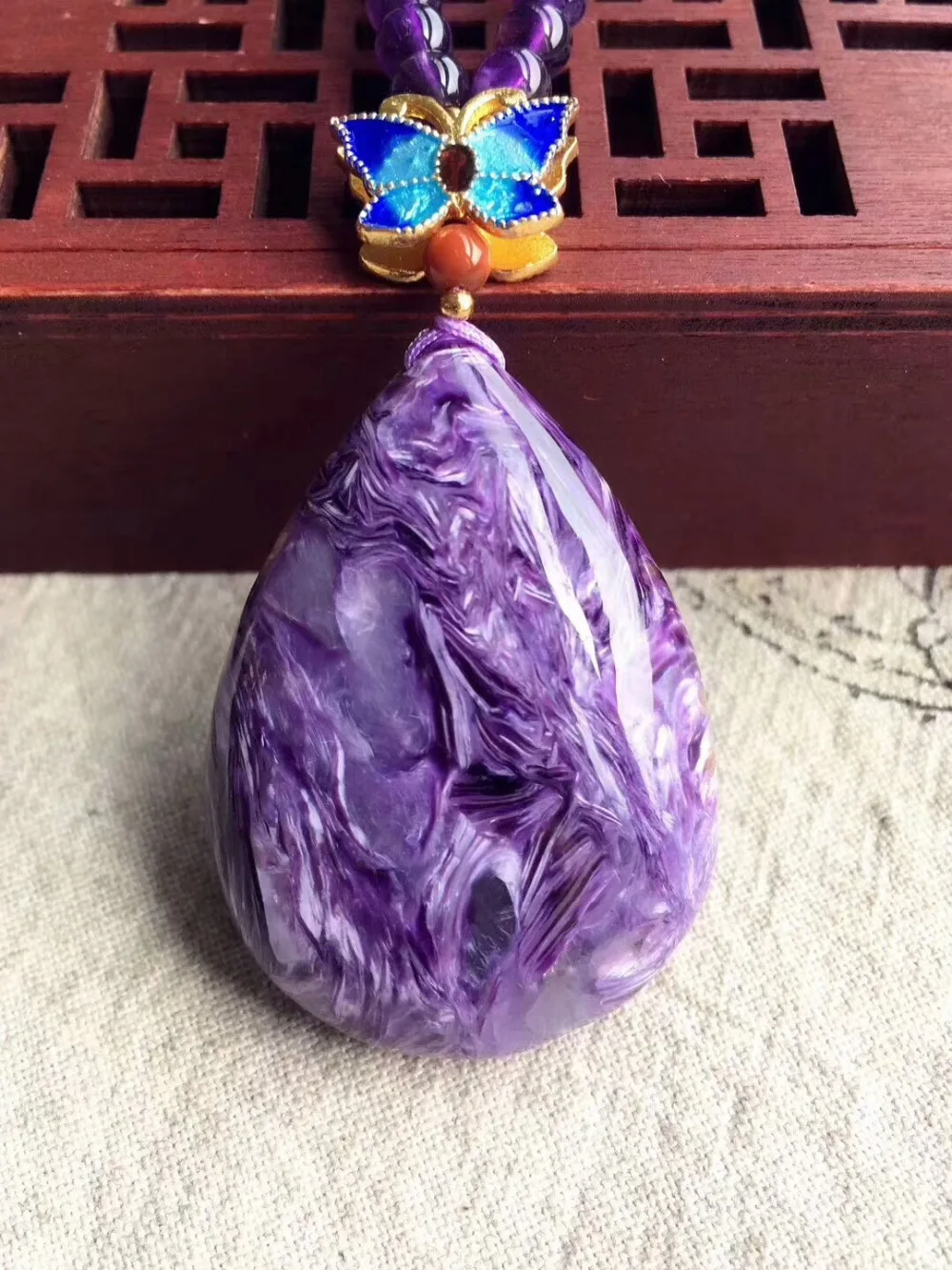 

100% Genuine Natural Purple Charoite Gemstone Water Drop Shape 43x31x10mm Women Big Pendant Beads Amethyst Beads Necklace AAAAAA