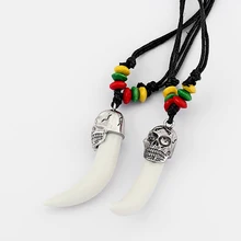 

DropShipping 6pcs Brave Man Skull Cap Imitation Yak Bone Resin White Wolf Tooth Teeth Pendant With Rasta Beads Necklace