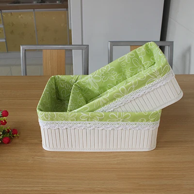 Тканая белая корзина для хранения ручной работы из бамбука, косметическая продуктовая игрушка "закуски", корзина для хранения, складной настольный органайзер - Цвет: green flower