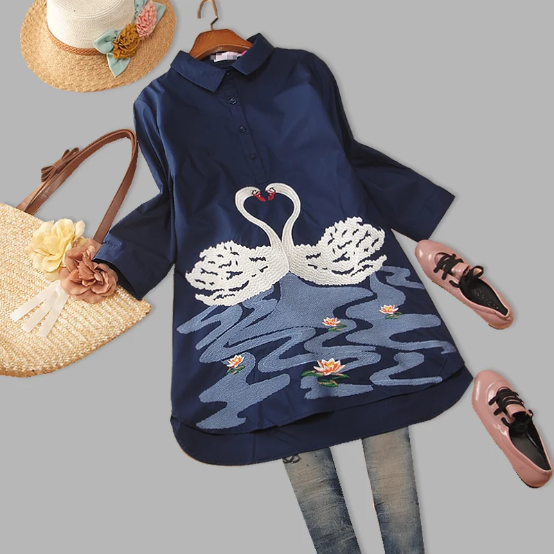 

Women's high-quality large size shirt female retro swan embroidery shirt female spring and summer Korean casual loose long shirt