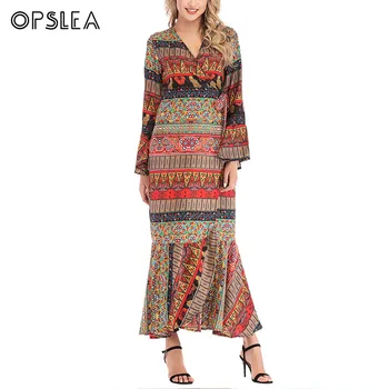 

Opslea Dashiki Bohemian Lace Maxi Dress African Women Ethnic Print Clothes Summer New Beach Skirt Ruffle Flare Sleeve Wrap Dress