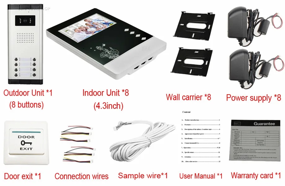 For 8 Apartments Home Phone Intercoms 4.3inch Smart Color lcd Door phone 8 Buttons CCD Door Camera Video Doorman House System