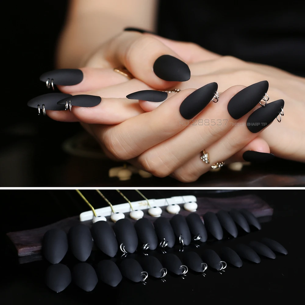 

New Matte False nails Stiletto 24pcs Full Nail Tips Black Punk 3D DIY Fake Nails mountain peak personality Designs silvery metal