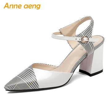 

2019 New Summer Genuine Leather Women Sandals High Square Heel Pointed Toe Buckle Gingham Sexy Ladies Women Shoes White Sandals