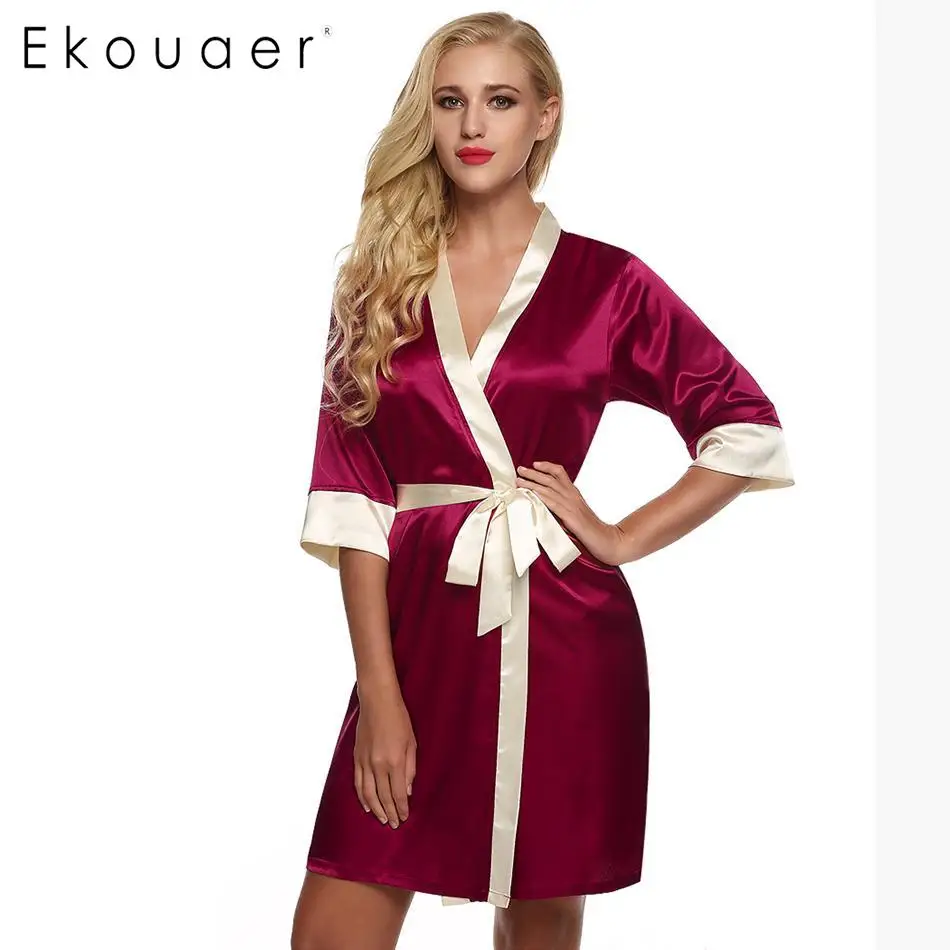 Ekouaer Women Satin Robe Nightwear Solid Mini Bathrobes V Neck Lace Up