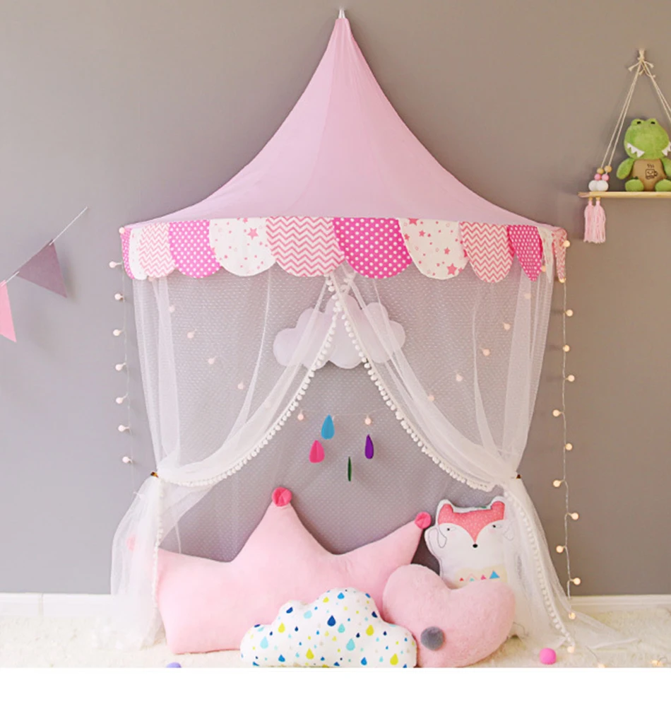 Белый кружевной навес-купол принцессы для девочек, занавески, круглая детская игра, Вигвама, типи, палатка, украшение комнаты, детская кровать, подвесная кроватка, сетка