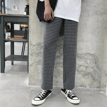 

2018 Summer New Men's Pure Color Lattice Simple Trousers Personality Fashion Street Youth Casual Pants Temperament Large Size