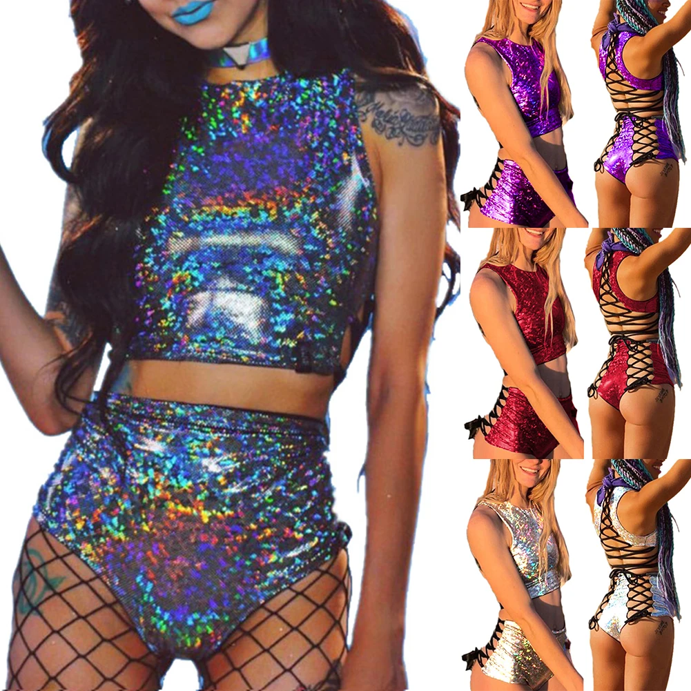

Festival Queen Holographic Crop Top and Hot Shorts Two Piece Set Sexy Lace Up Festival Party Rave Clothing Women 2 Piece Sets