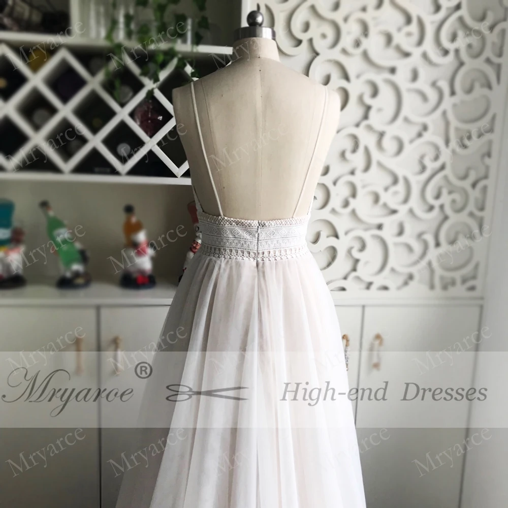 Mryarce Sexy Deep V Neck Open Back Bohemian Wedding Dress 2018 Spaghetti Straps Charming Lace Tulle A Line Beach Bridal Gowns  (2)