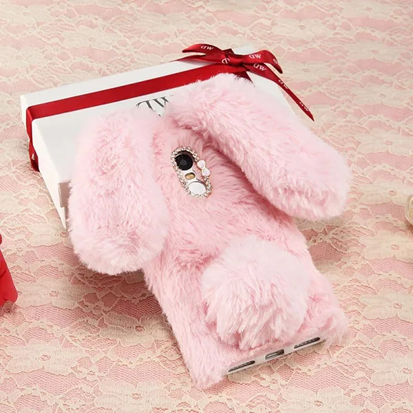 Для zte Blade V7 Lite V8 Mini Axon 7 Mini Max плюшевый кролик мягкий мех Пушистый милый 3D кроличьи уши ювелирный Алмазный Корпус из ТПУ чехол - Цвет: Розовый