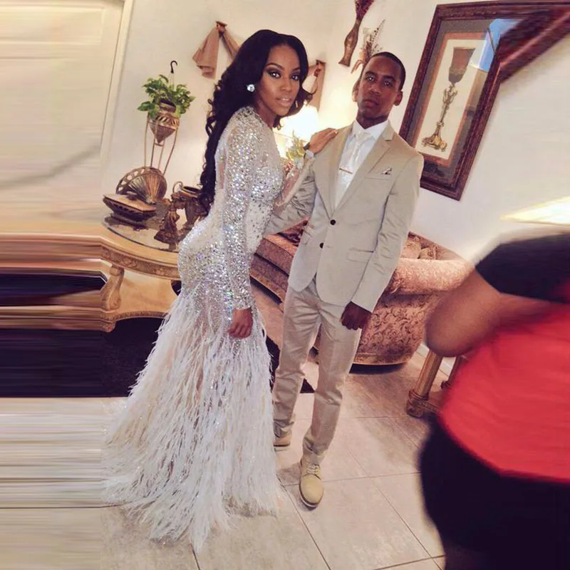 

Luxury Prom Dress Evening Dress with Crystals Mermaid Long SLeeve See Through Beaded Ostrich Feather Abendkleider Galajurken