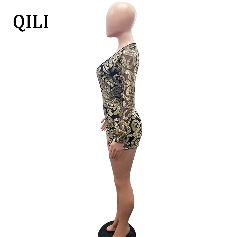 New QILI Club Women's Deep V Neck Sequined Jumpsuit with Long Sleeves and Mesh Playsuits image 4