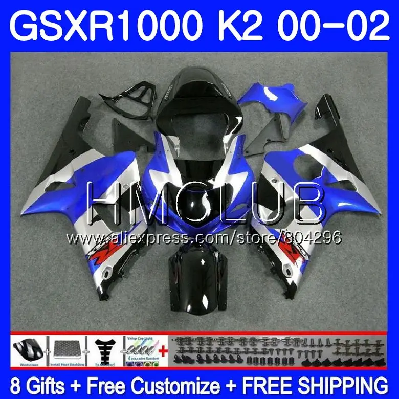 Синий серебристый корпус для SUZUKI GSXR 1000 GSX-R1000 GSXR1000 00 01 02 31HM. 3 GSXR-1000 00 01 02 K2 GSX R1000 2000 2001 2002 обтекателя