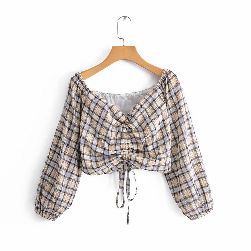 

ZXQJ 2019 Women Fashion Khaki Short Za Tops Blouse Female Spring Summer Casual Plaid Slash Neck Long Puff Sleeve Shirts blusas