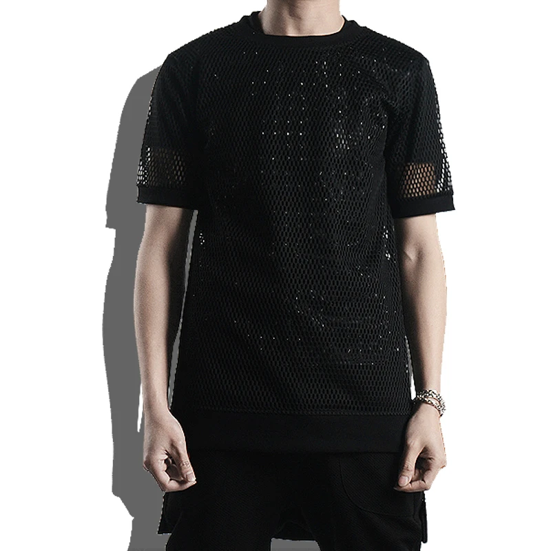 

Men's Personality Short Sleeve Hollow Grid T-Shirt Long Section Loose Perspective Fishing Net Clothing Men T Shirt Streetwear