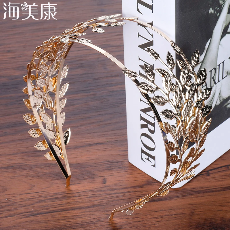 

Haimeikang Hairband Headband Crowns Gold Metal Double layer Leaf Design Wedding Hair Accessories Women Engagement Bridal Jewelry