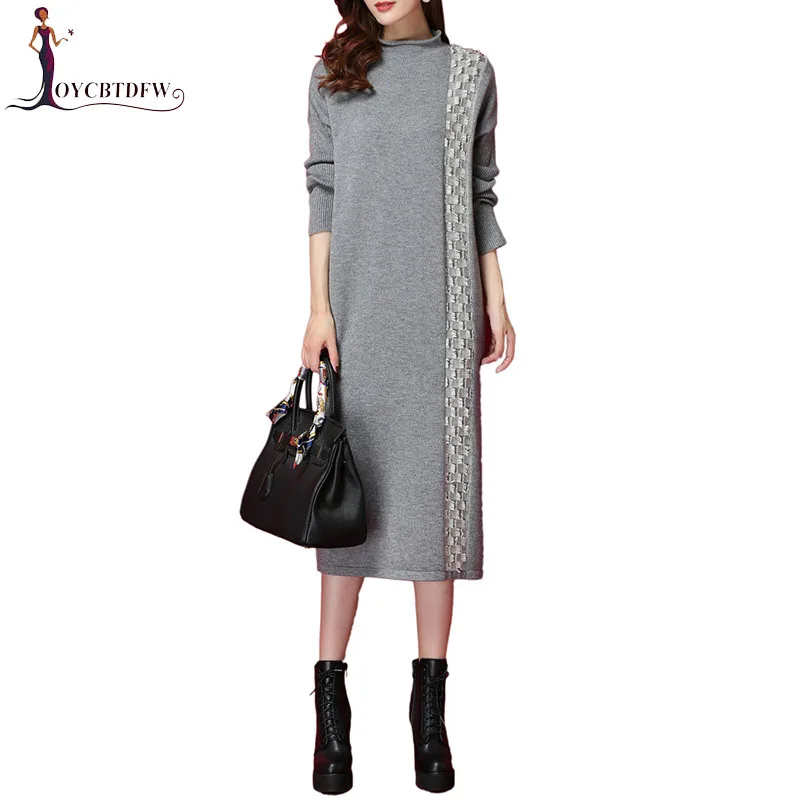 Осеннее платье, длинный женский свободный шерстяной свитер, пуловер, новинка, элегантное платье-свитер с высоким воротом, женский зимний топ NO659 - Цвет: gray