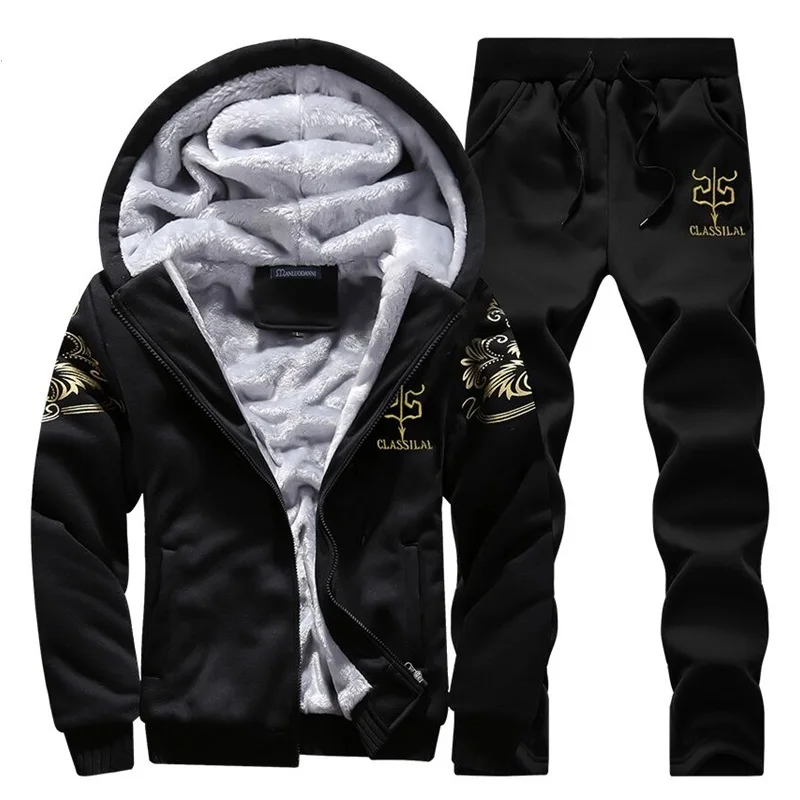 Hoodie Sweatshirt Men/Women Coat Fleece Hoodies Sweatshirts+Sweatpants Suit Autumn Winter Warm Printed Hooded Pullover Male - Color: QRK003 Black