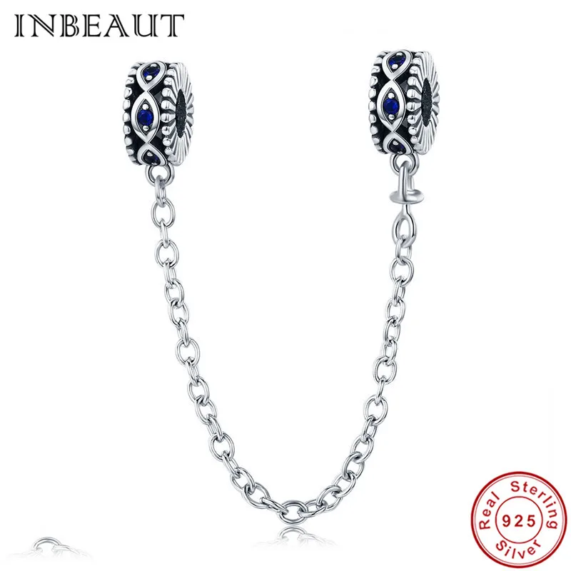 

INBEAUT 100% Real 925 Sterling Silver Vintage Dark Blue Devil's Eye Beads Safety Chain Charm fit S925 Bracelet DIY Jewelry