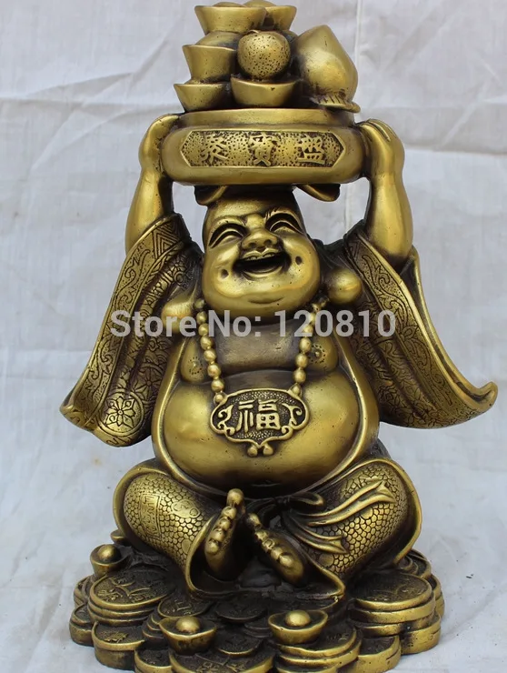 

10" Chinese Bronze Happy Laughing Maitreya Buddha Carried Treasure Bowl Statue