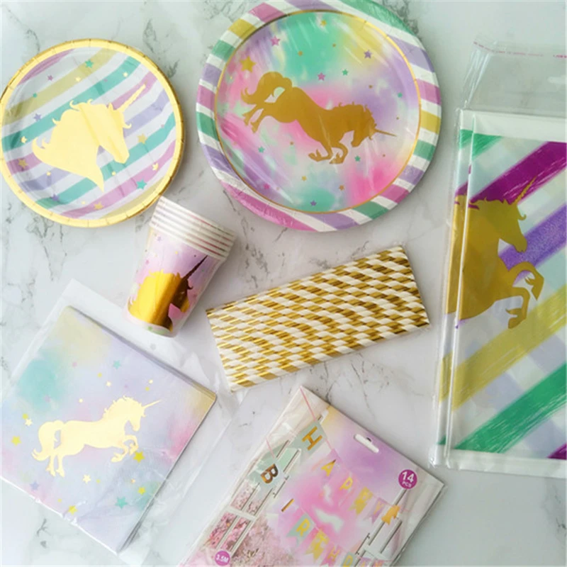 

24Set Unicorn Paper Plate Cup Napkin Straw Plastic Tablecloth Hanging Banner Boy Girl Favor Decor for Birthday Baby Shower Party