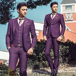 Замечательный жених мужские свадебные Выпускной костюм Фиолетовый Slim Fit смокинг мужской формальный деловой рабочие костюмы комплекты из 3