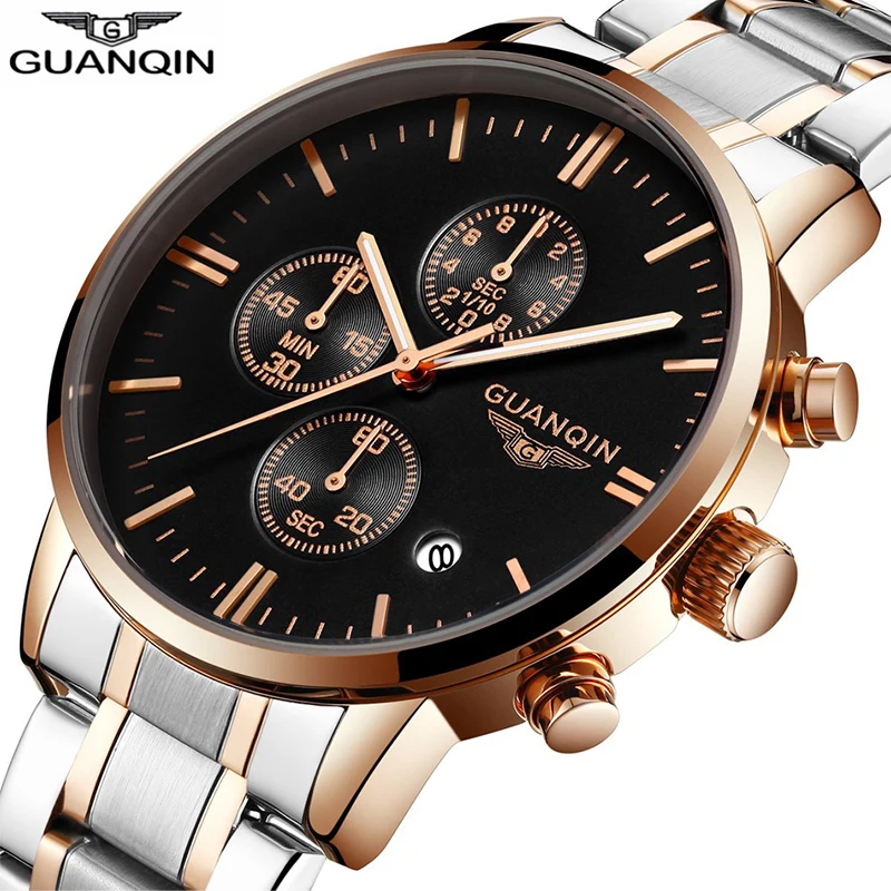 

GUANQIN Men Wrist Watch Luxury Brand 2018 Fahion Male Clock Chronograph black Men Watch Stainless Steel Band Quartz Watch Luxo B