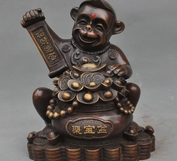 

11" Lucky China Fengshui bronze wealth yuanbao Money Coin Monkey Statue Figurine