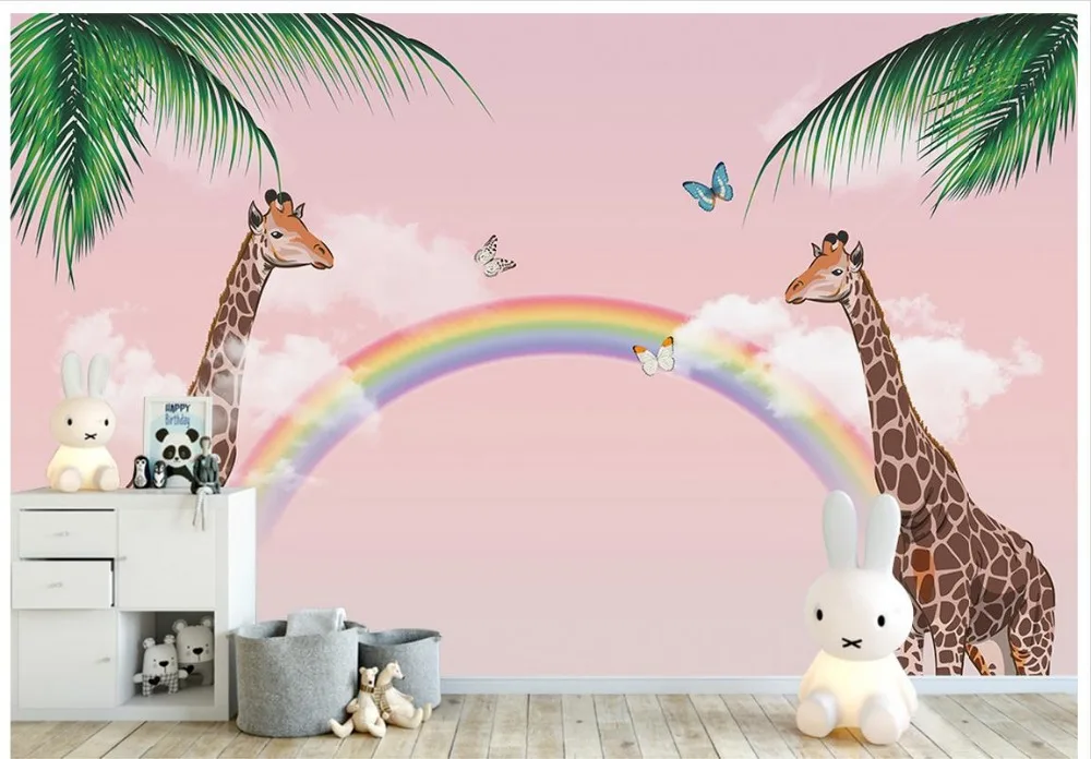 Custom 3d wallpaper for walls 3 d wall murals Cartoon Kids Wallpaper Giraffe Dream Rainbow Background Wall home decor | Обустройство
