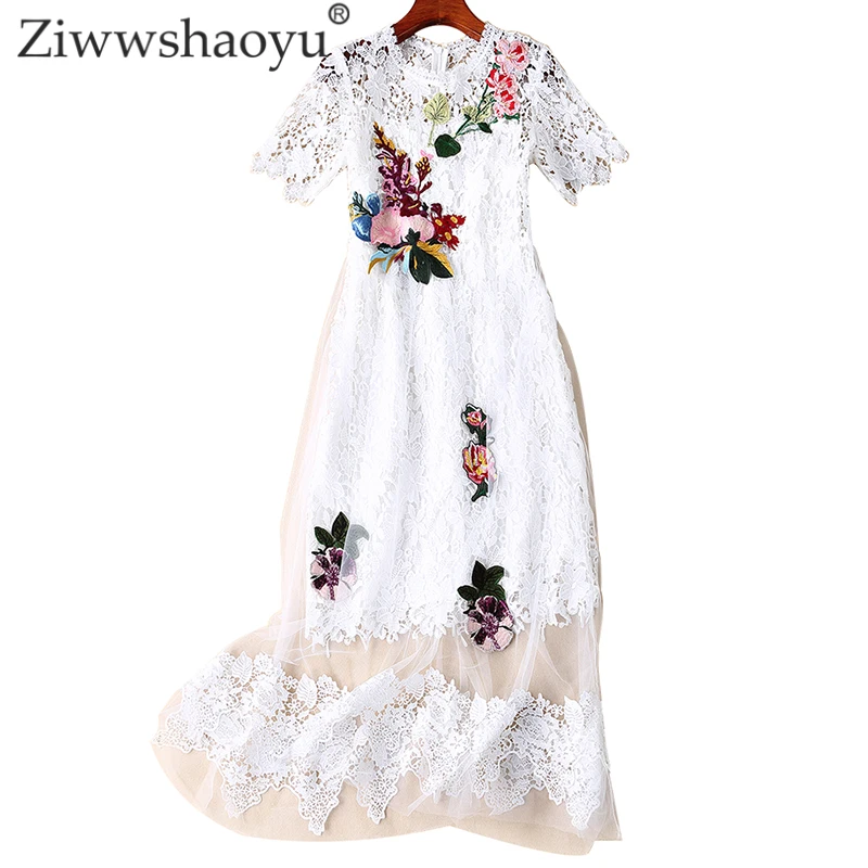 

Ziwwshaoyu Elegant Embroidery dresses O-Neck Floral Lace Patchwork temperament Party dress Spring and summer new women's