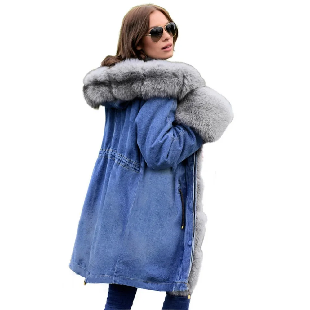 

2019 Winter New Women long Fur collar Denim Jacket Cotton hickening Warm high waist Outerwear Large size S-XXL fur hood coat