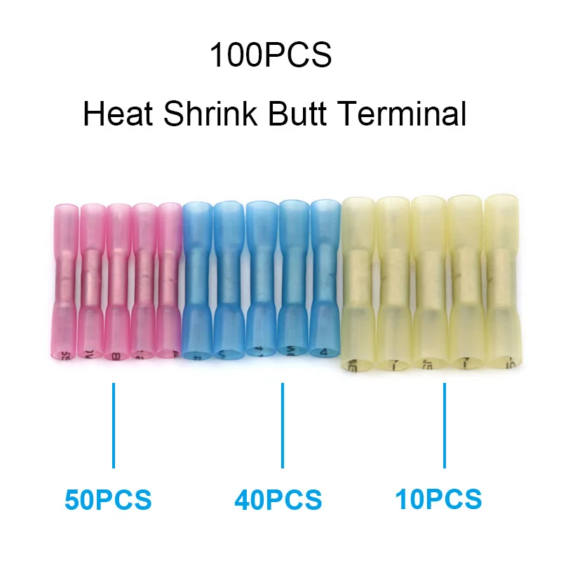 

100pcs Waterproof Heat Shrink Butt Terminal Insulated Splice Terminal Electrical Wire Connector Kit 22-10 AWG