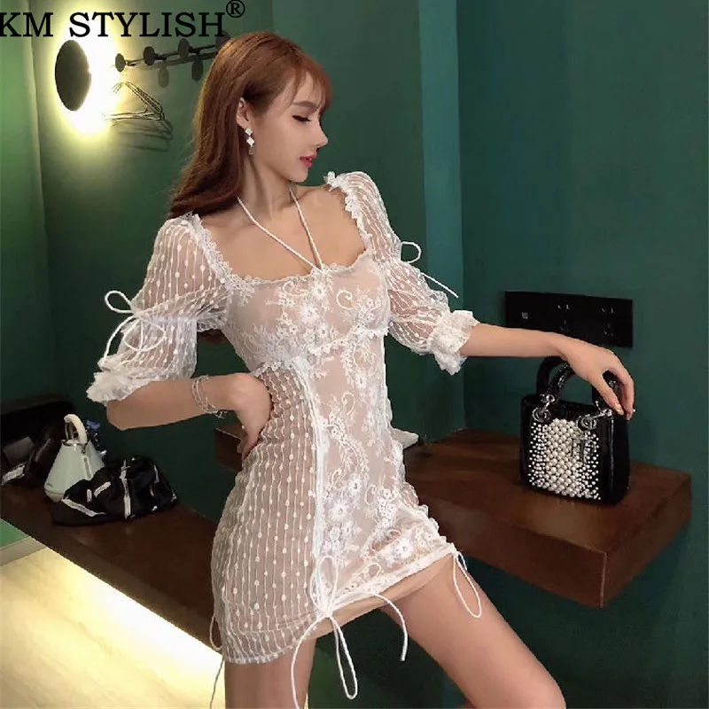 

2019 summer new for love retro court sexy girl mesh lace puff sleeves lacing one-piece dress black and white color