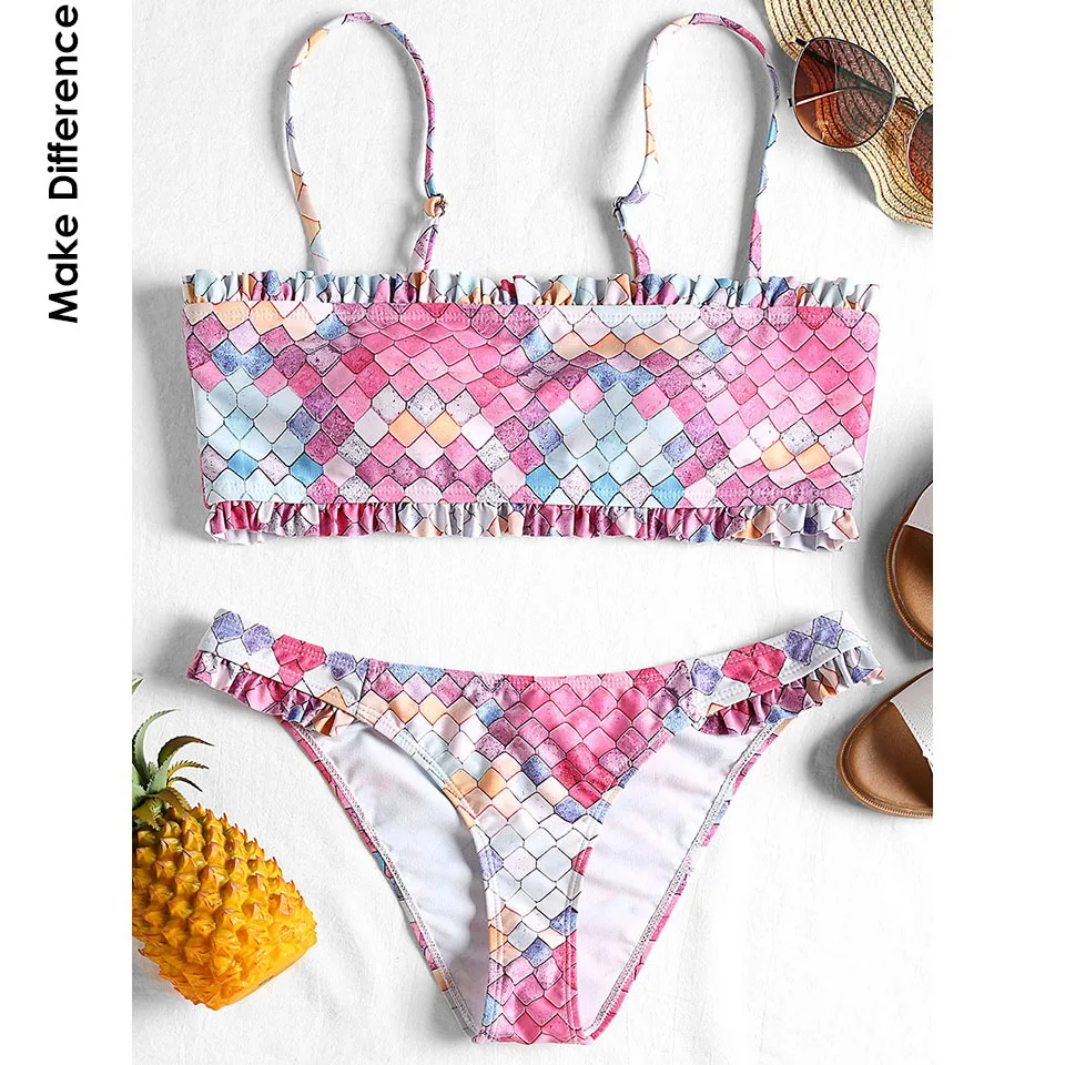 

Make Difference Brand Lycra Adorable Shirred Bandeau Bikini 2018 New Ruffled Brazilian Swimwear Hot Pink Two Pieces Bathing Suit