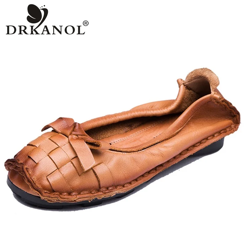 

DRKANOL Handmade Soft Women Casual Shoes Genuine Leather Slip On Loafers Flat Shoes Woman flats Comfortable Woven Shallow Shoes