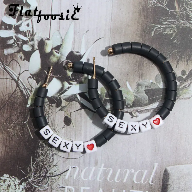 

Flatfoosie Fashion Resin Rubber Hoop Earrings For Women 2019 Round Vintage letter Handmade Earrings Party Bohemian Accessories