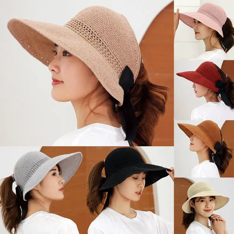 

Womens Summer Foldable Straw Weave Sun Hat Long Ribbon Bowknot Open Top Ponytail Wide Wavy Brim Hollow Beach Bucket Cap 7 Colors