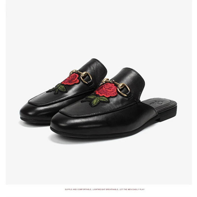 

TuzBlobo Men Shoes Embroidery Fashion Genuine Leather Sandals Black Breather Soft Men's Half Slippers Big Size 38-43
