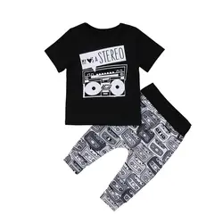 2018 Одежда для новорожденных мода детская одежда для малышей Обувь для мальчиков Обувь для девочек короткий рукав черный топ Футболка +