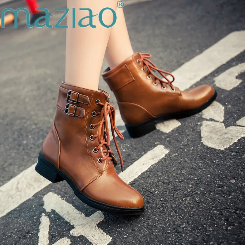 

Chunky Motorcycle Short Black Boots Women Heel Autumn Round Toe Lace-up Soft Leather Botas Mujer Female Ankle Boots MAZIAO