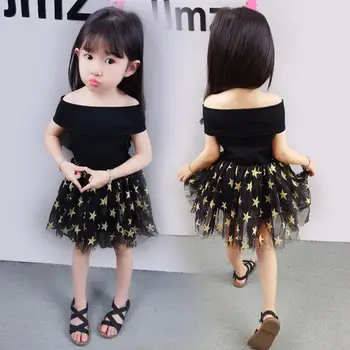 

Girl's Shoulderless with 5 Stars Print Casual Fashion Black Ball Gown Dresses Princess Sweet Style Little Girls Dresses