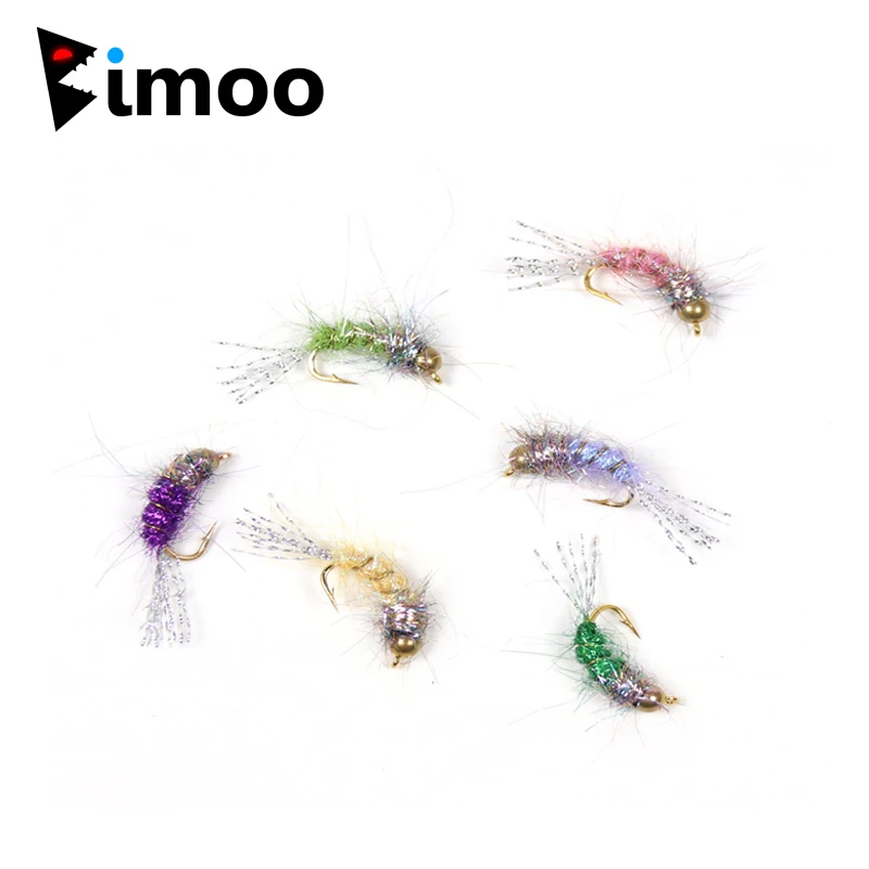 

Bimoo 12PCS #12 Bead Head Nymphs Pink Blue Pearl Olive Purple Trout Fishing Nymph Flies