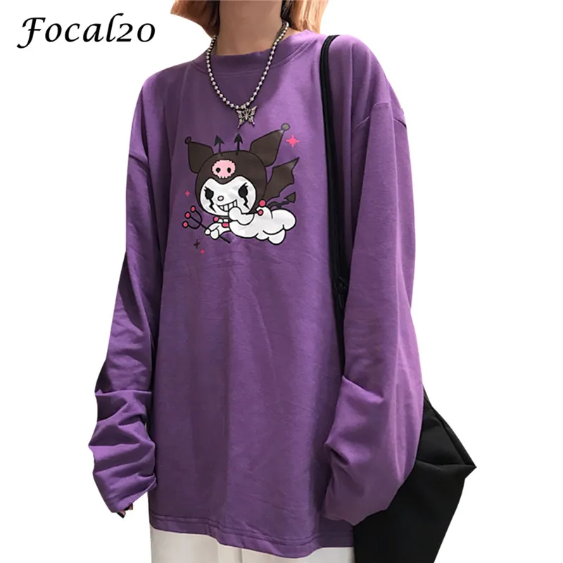 Focal20 уличная фиолетовая женская футболка с принтом дьявола, футболка с длинным рукавом и круглым вырезом, Повседневная Свободная весенне-осенняя футболка