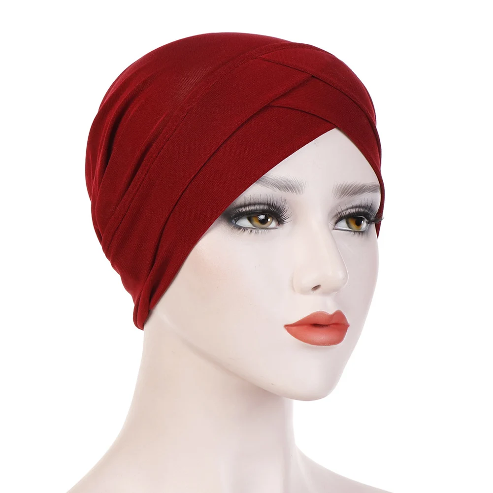 Women Muslim Hijab Scarf Inner Hijab Caps Ladies Islamic Cross Headband Turban Headwrap Hairband Women Muslim Hijab Headscarf - Цвет: wine red