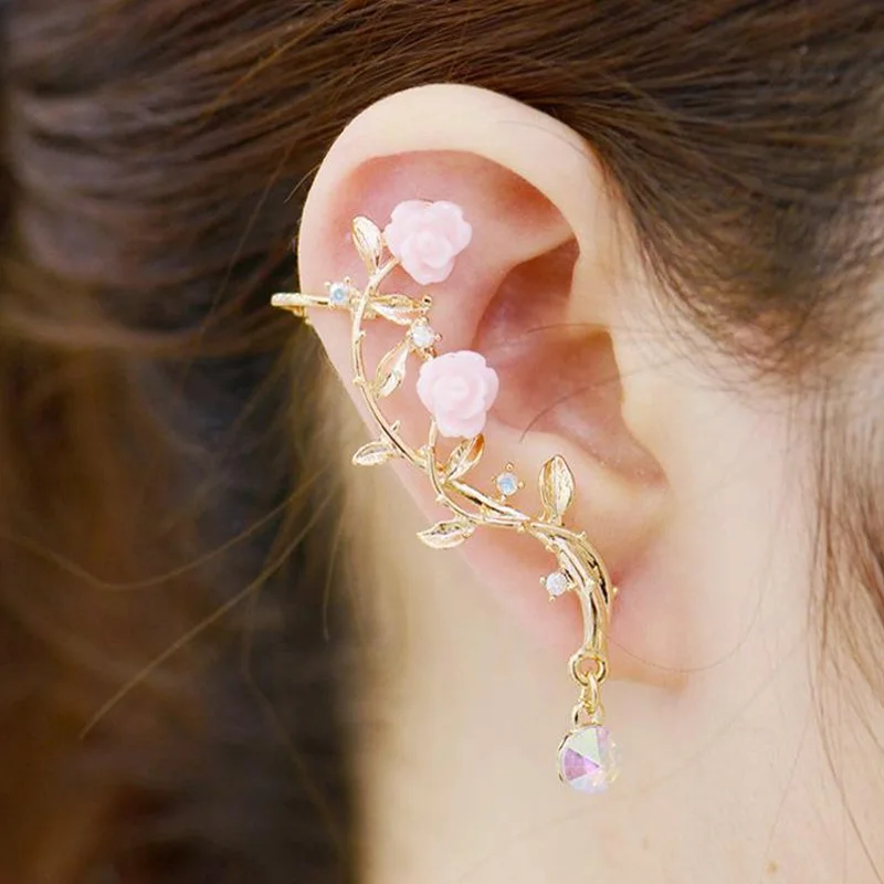 

1Pair Elegant Flower Shape Rhinestone Left Ear Cuff Clip Gold & Sliver Boho Earring Ear Stud Jewlery DIY Decoration Acc Gift Hot