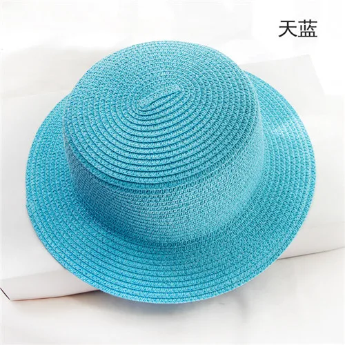 Детская соломенная шляпа, одноцветная шляпа с широкими полями, летняя пляжная шляпа от солнца, плоская шляпа Fedoras Kentunky, Шляпа Дерби, белый, черный, 11 цветов - Цвет: Небесно-голубой