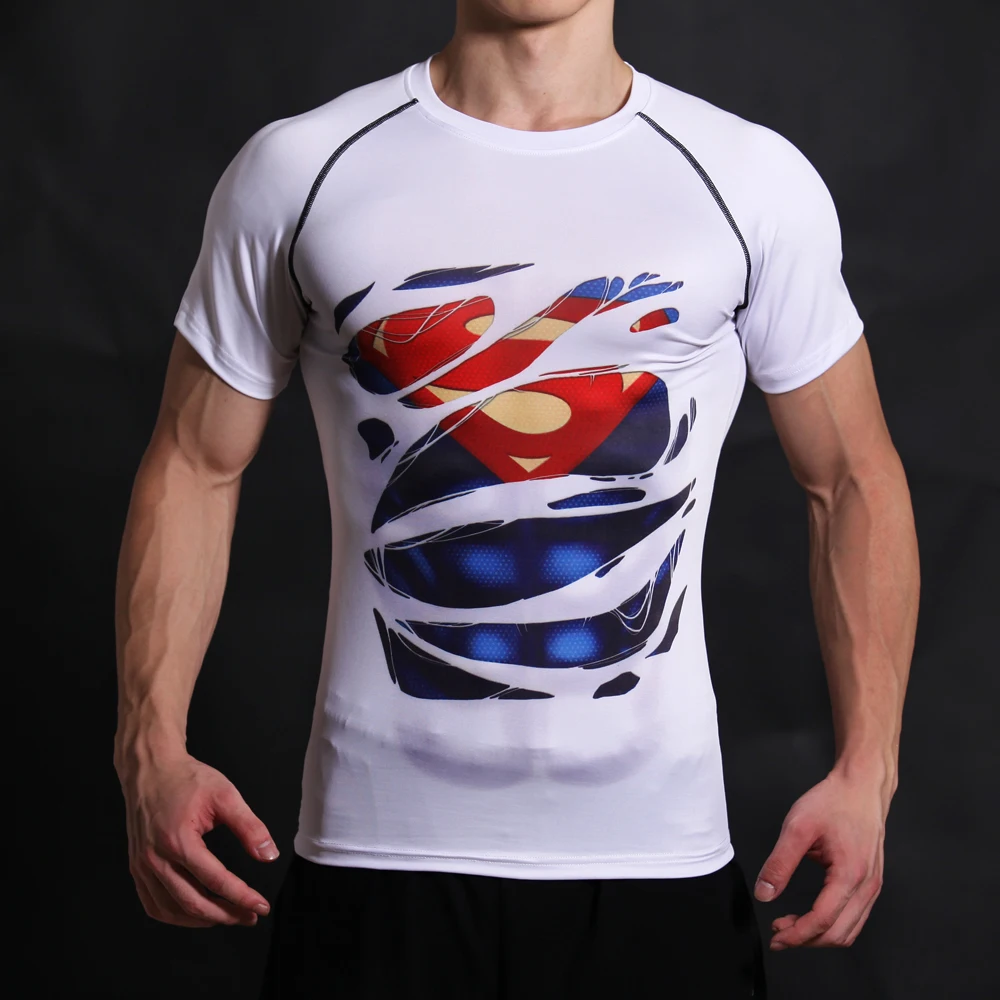 

2017 Brand Compression Shirt Short Sleeves white black superman T-shirt Fitness Clothing Solid Color Quick Dry Tops
