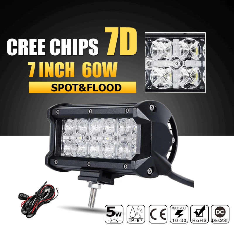Oslamp 7D 7inch 60W CREE Chips LED Work Light Bar Offroad Spot Flood Combo Beam Truck SUV ATV 4x4 4WD 12v 24v Led Driving Lamp oslamp 32 300w cree chips led work light bar offroad led bar lights combo beam led driving lamp for truck suv 4x4 4wd 12v 24v